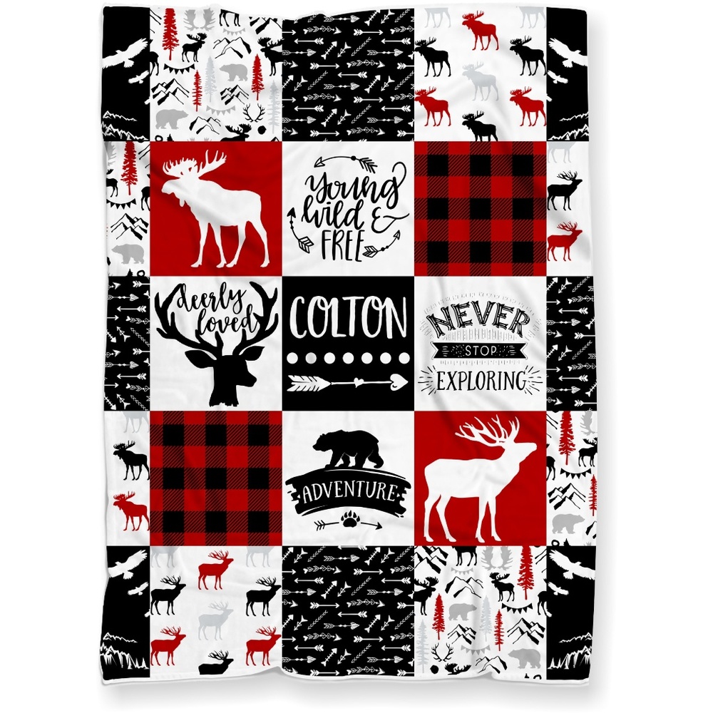 Personalized Woodland Buffalo Plaid Baby Blanket - Picture 2 of 5